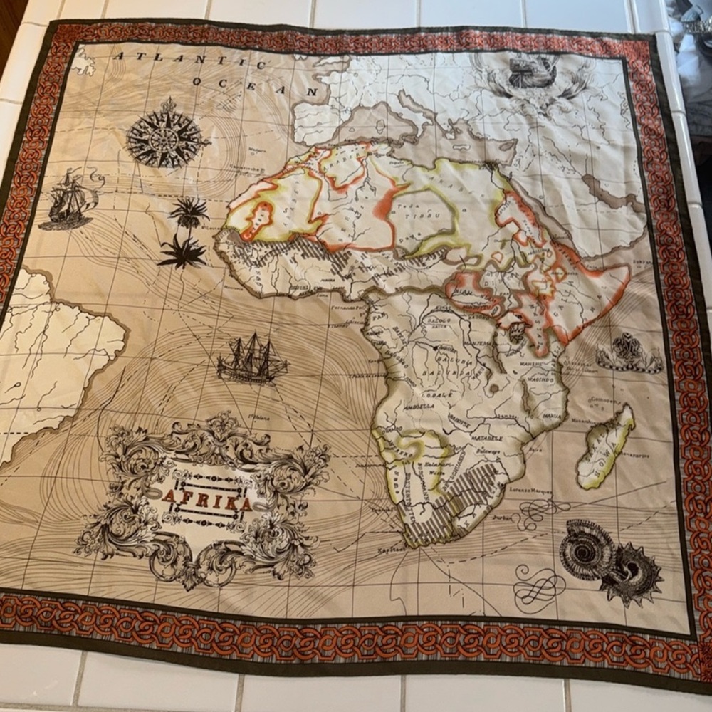 100% silk Vintage Afrika Map Print Square Scarf in Brown, Cream & Orange